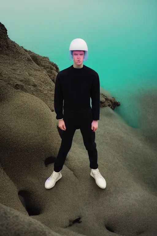 Image similar to high quality pastel coloured film mid angle portrait photograph of a beautiful young 2 0 year old male, soft features, short hair, perspex space visor and oversized inflated clothing!!!! icelandic black! rock pool environment. atmospheric three point light. photographic. art directed. ( pastel colours ). volumetric. clearcoat. waves. 8 k. filmic.