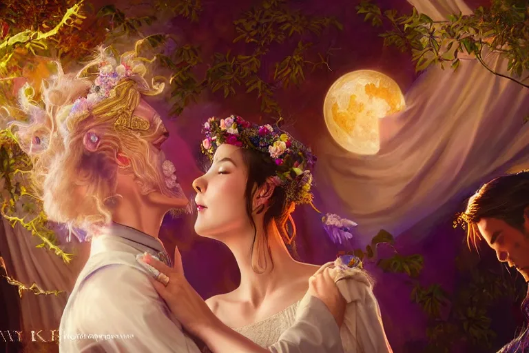 Image similar to a dreamlike cinematic portrait of wedding photograph close up moment of a divine a russia sun god and moon goddess lovers magician at a wedding banquet. portraiture. digital painting. artstation. concept art. fantasy wedding photo. digital painting, 8 k realistic, hyper detailed, violet evergarden art masterpiece by art by krenz cushart