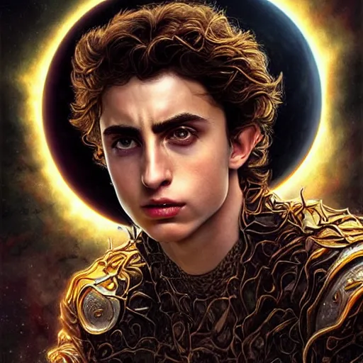 Image similar to ultra realistic upper body portrait of a herculean hulking timothee chalamet as erebus, the god of darkness and shadow, solar eclipse, digital art by artgerm and karol bak