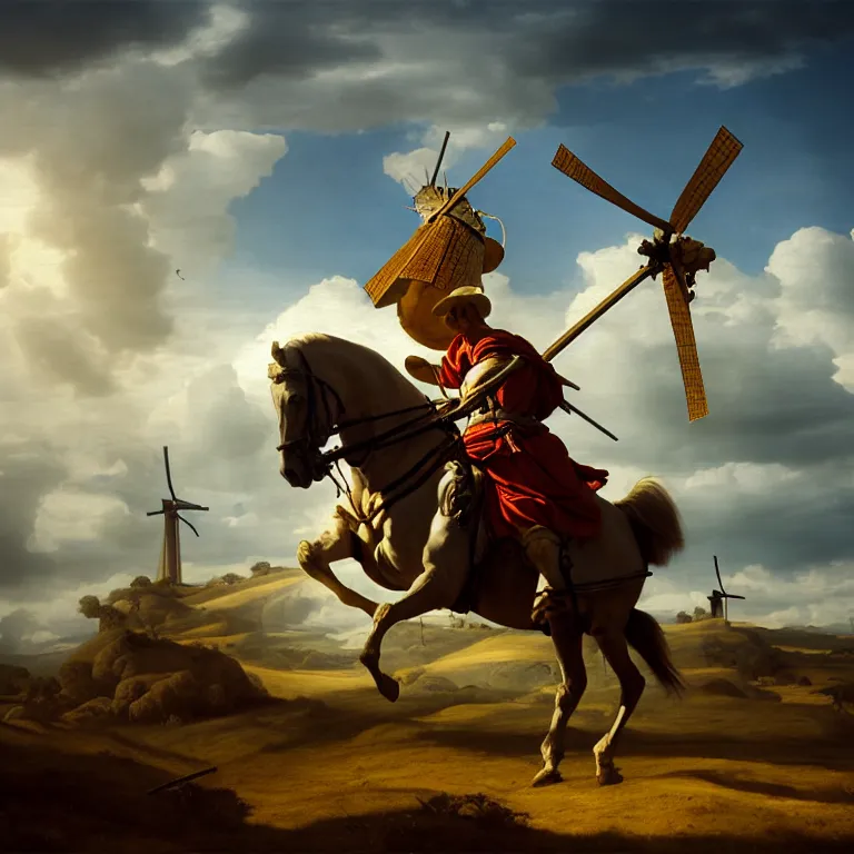 Don Quixote Fighting Windmills Dreamlike Atmosphere Stable Diffusion