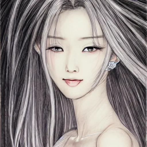Prompt: a drawing of a woman looks like chinese actress bingbing fan, with long white hair, a character portrait by yoshitaka amano, featured on pixiv, fantasy art, official art, androgynous, anime