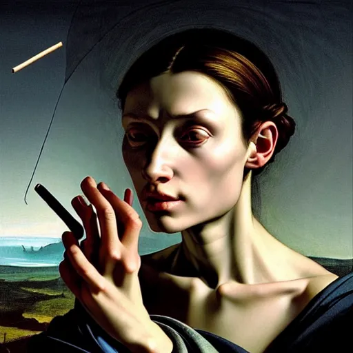 Image similar to Colour Caravaggio style Photography of Beautiful woman with highly detailed 1000 years old face wearing higly detailed sci-fi halo above head designed by Josan Gonzalez. Woman holding cigarette between fingers in her hand, Many details by Caravaggio. . In style of Josan Gonzalez and Mike Winkelmann andgreg rutkowski and alphonse muchaand Caspar David Friedrich and Stephen Hickman and James Gurney and Hiromasa Ogura. volumetric natural light