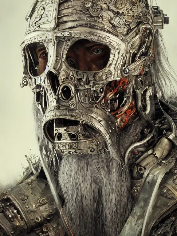 Image similar to portrait art of 8k ultra realistic undead Gandalf , intricate high tech helmet , detailed intricate ornate space suit,decaying, cybernetic, full of colour, cinematic lighting, battered, trending on artstation, 4k, hyperrealistic, focused, extreme details,unreal engine 5, cinematic, masterpiece, art by ayami kojima, giger