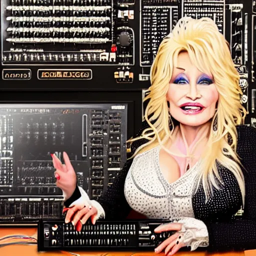 Prompt: picture of dolly parton playing modular synth with lots of wires, ultra realism, detailed, 8 k