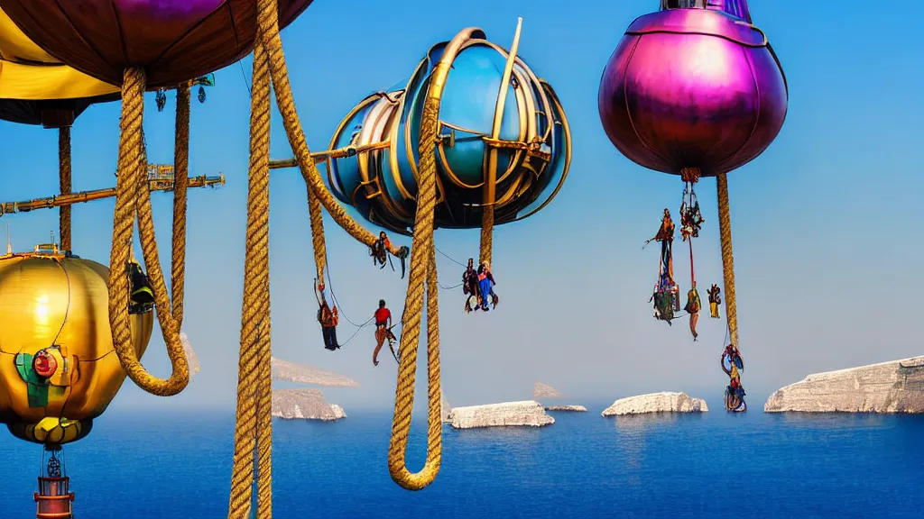 Prompt: large colorful futuristic space age metallic steampunk steam - powered balloons with pipework and electrical wiring around the outside, and people on rope swings underneath, flying high over the beautiful greek islands landscape, professional photography, 8 0 mm telephoto lens, realistic, detailed, photorealistic, photojournalism