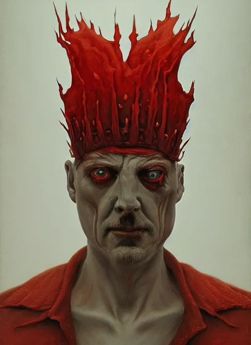 Prompt: lord loss, demon master, king of hell & sorrow, book portrait, pale red, lumpy skin, he has very dark - red eyes with even darker red pupils. tiny cracks in skin seep, symmetric lights and fog, in the style of zdzislaw beksinski, glowing light and shadow, hyperrealist, 8 k