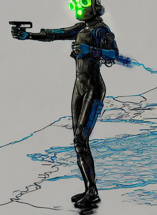 Image similar to Sara. USN blackops operator emerging from water at the shoreline. Operator wearing Futuristic cyberpunk tactical wetsuit and looking at an abandoned shipyard. Frogtrooper. rb6s, MGS, and splinter cell Concept art by James Gurney, Alphonso Mucha. Vivid color scheme.