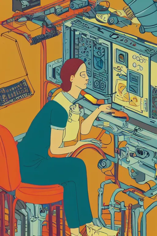 Image similar to portrait of an engineer woman fixing the samsara core cluster, fine portrait, concept art, in the style of brecht evens