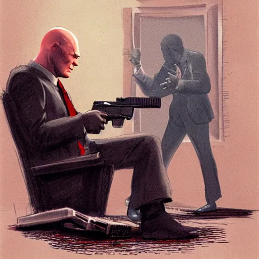 Image similar to agent 4 7 with a silenced pistol approaching a man in a chair, by marc simonetti