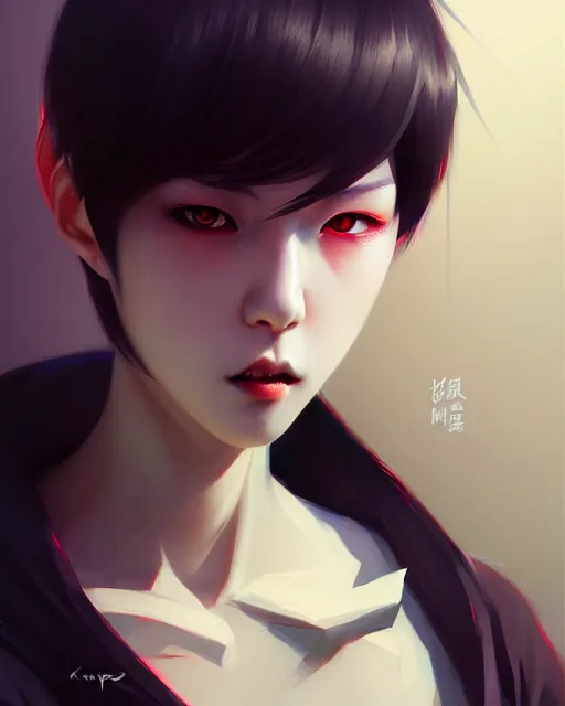 Image similar to sharp hq rendering, vampire, asian character portrait, concept art, painterly, fanart, highly detailed in the style of wlop by ilya kuvshinov, wenjun lin, sakimichan, artgerm, angular asymmetrical design, chinese artist, eastern art style, nixeu