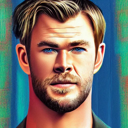 Image similar to portrait of chris hemsworth, highly detailed, centered, solid color background, digital painting