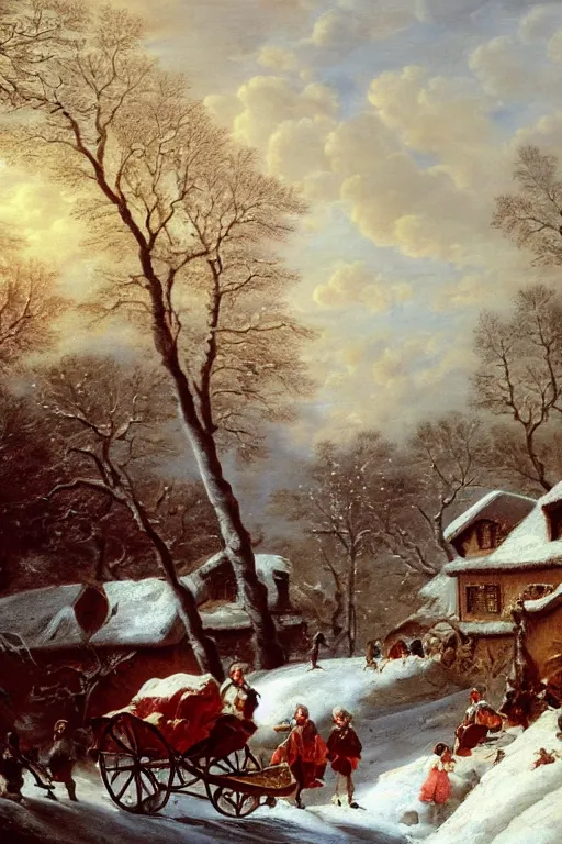 Image similar to A beautiful oil painting of a winter landscape village and sled in the 18th century by Francois Boucher, detailed, beautiful deep colors, trending on artstation