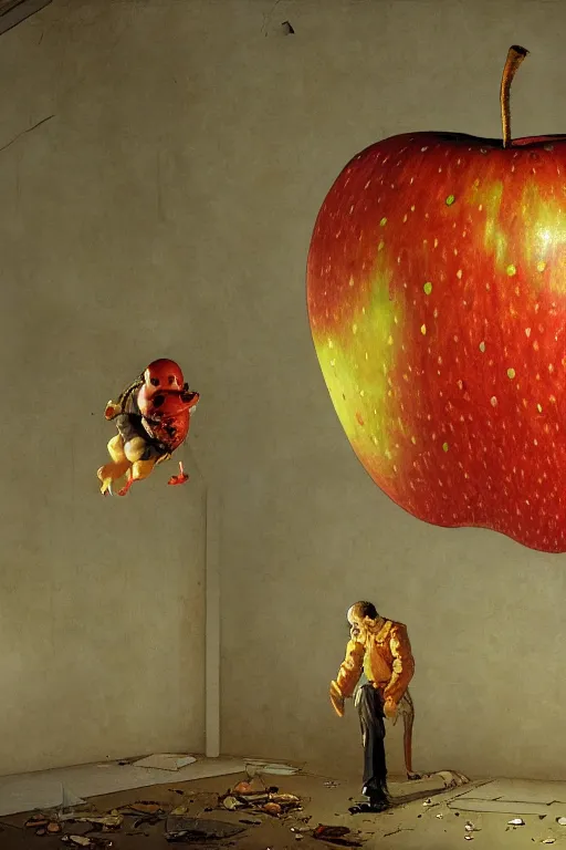 Prompt: A giant apple floating in an abandoned room, detailed art Geof Darrow and Phil hale and Ilya repin