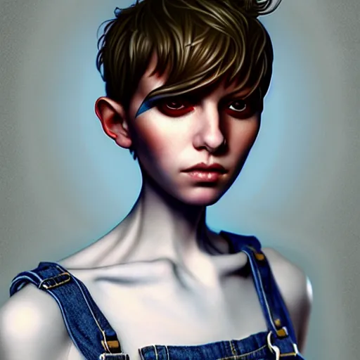 Prompt: full body pose, beautiful androgynous girl, white pixie cut hair, torn overalls, short shorts, combat boots, fishnets, beautiful, highly detailed face, true anatomy!, extremely detailed!, digital painting, unreal engine 5, art by tom bagshaw