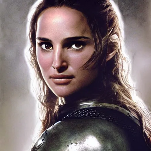Prompt: a still from “ lord of the rings ” of a head and shoulders portrait of natalie portman as a heavily armored paladin, photo by phil noto