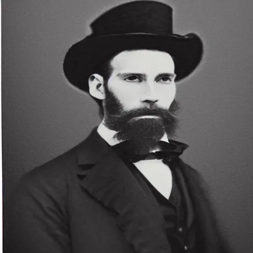 Image similar to A photograph portrait of Jerma in the mid-late 1800s with a top hat and beard, taken in the mid-late 1800s, grainy, taken on a Field View Camera, realistic, hyperrealistic, very realistic, highly detailed, very detailed, extremely detailed, detailed, digital art, trending on artstation