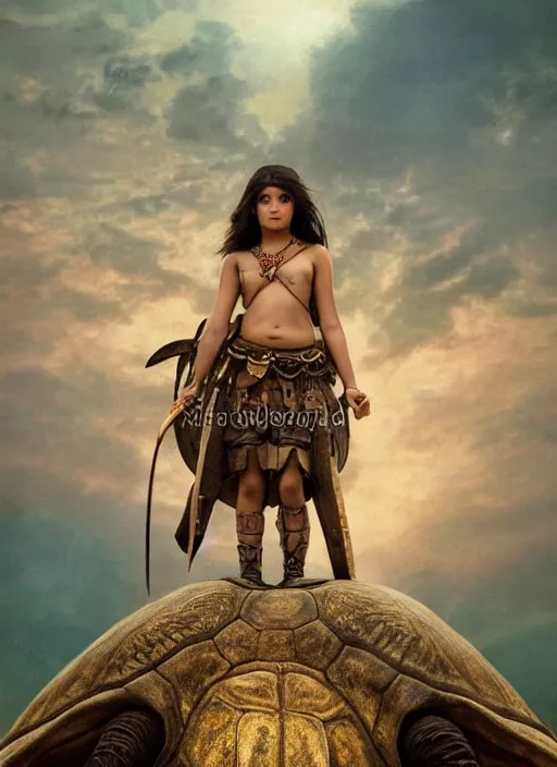 Image similar to a little warrior girl standing on top of one giant turtle in the desert. the girl has dark skin and beautiful green eyes, realistic full body and a very beautiful detailed symmetrical face with long black hair. diffuse light, dramatic sky and landscape, extreme long shot fantasy illustration by mucha