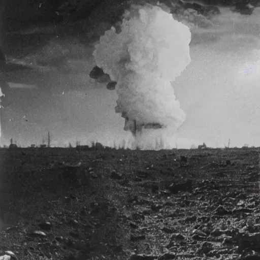 Image similar to a photo taken from inside of a trench showing a nuclear explosion in the distance, you can see the explosion's shockwave in the clouds, realistic, taken on a ww 2 camera.