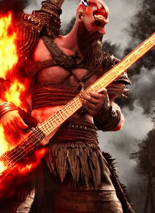 Image similar to red facial stripe armored screaming kratos rocking hard on a flaming stratocaster guitar, cinematic render, god of war 2 0 1 8, playstation studios official media, lightning, flames, clear, coherent, guitar