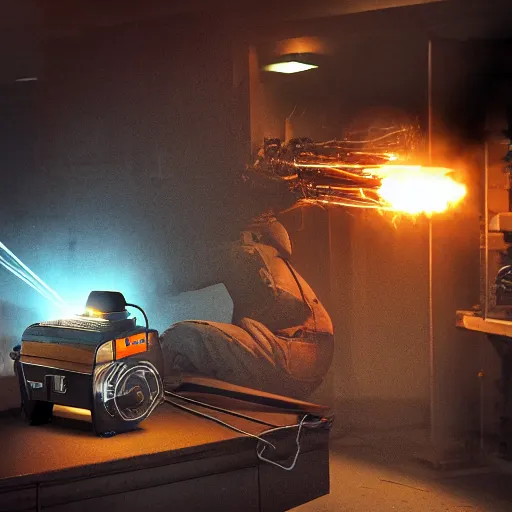 Image similar to toaster oven terminator robot, dark messy smoke - filled cluttered workshop, dark, dramatic lighting, orange tint, sparks, plasma charge, cinematic, highly detailed, sci - fi, futuristic, movie still