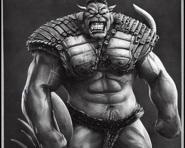 Image similar to realistic vintage photograph of a warrior ogre chieftain, tall, muscular, hulk like physique, sharp fangs and tusks, big arms, big hands, big feet, armored, tribal paint, highly detailed