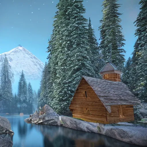 Image similar to « mountain in the background with snow on the top of it, a river in the middle ground, trees, a bear near a tree, glowing light, photorealistic, unreal engine 5, sharp focus, some rocks in the river, some birds in the sky, and a small woody house on the right far »