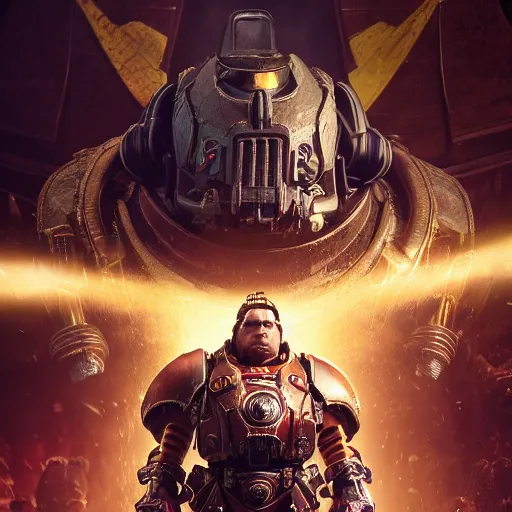 Image similar to Portrait of Robbie Lyle as the emperor of humanity from warhammer 40k in Gears of War, splash art, movie still, cinematic lighting, dramatic, octane render, long lens, shallow depth of field, bokeh, anamorphic lens flare, 8k, hyper detailed, 35mm film grain