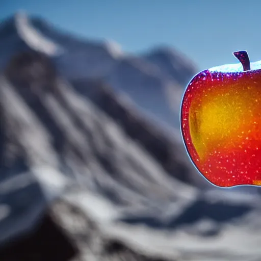 Prompt: a holographic apple is sitting on the peak of mount everest, clear focus, bokeh effect, high res, full frame