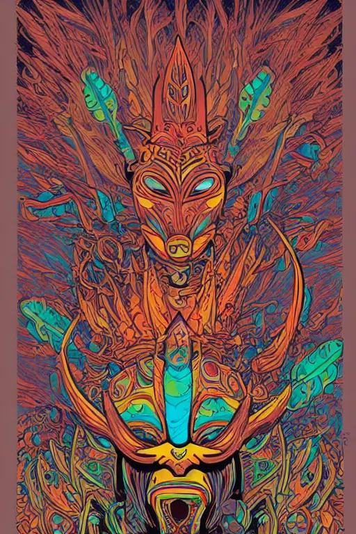 Image similar to animal mask totem roots flower tribal feather gemstone plant wood rock shaman vodoo video game vector cutout illustration vivid multicolor borderlands comics by josan gonzales and dan mumford radiating a glowing aura