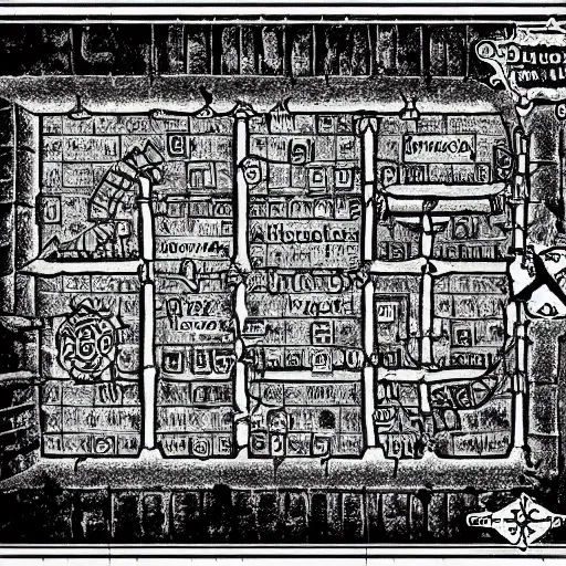 Prompt: old school dungeon map, black and white, high detail