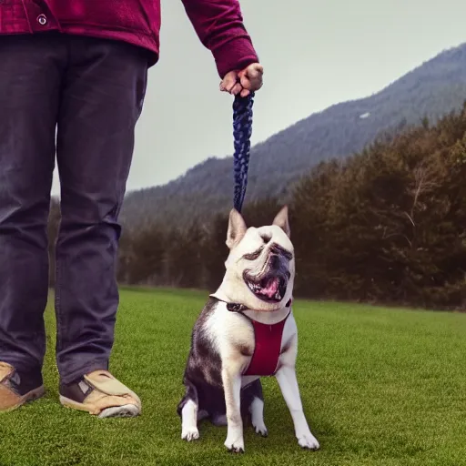 Prompt: man who is angry standing next to a very happy dog, realistic, photographic, cinematic, 8 k