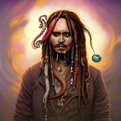 Prompt: Lofi BioPunk Lovecraft Lovecraftian portrait of Jack Sparrow with an octopus Pixar style by Tristan Eaton Stanley Artgerm and Tom Bagshaw