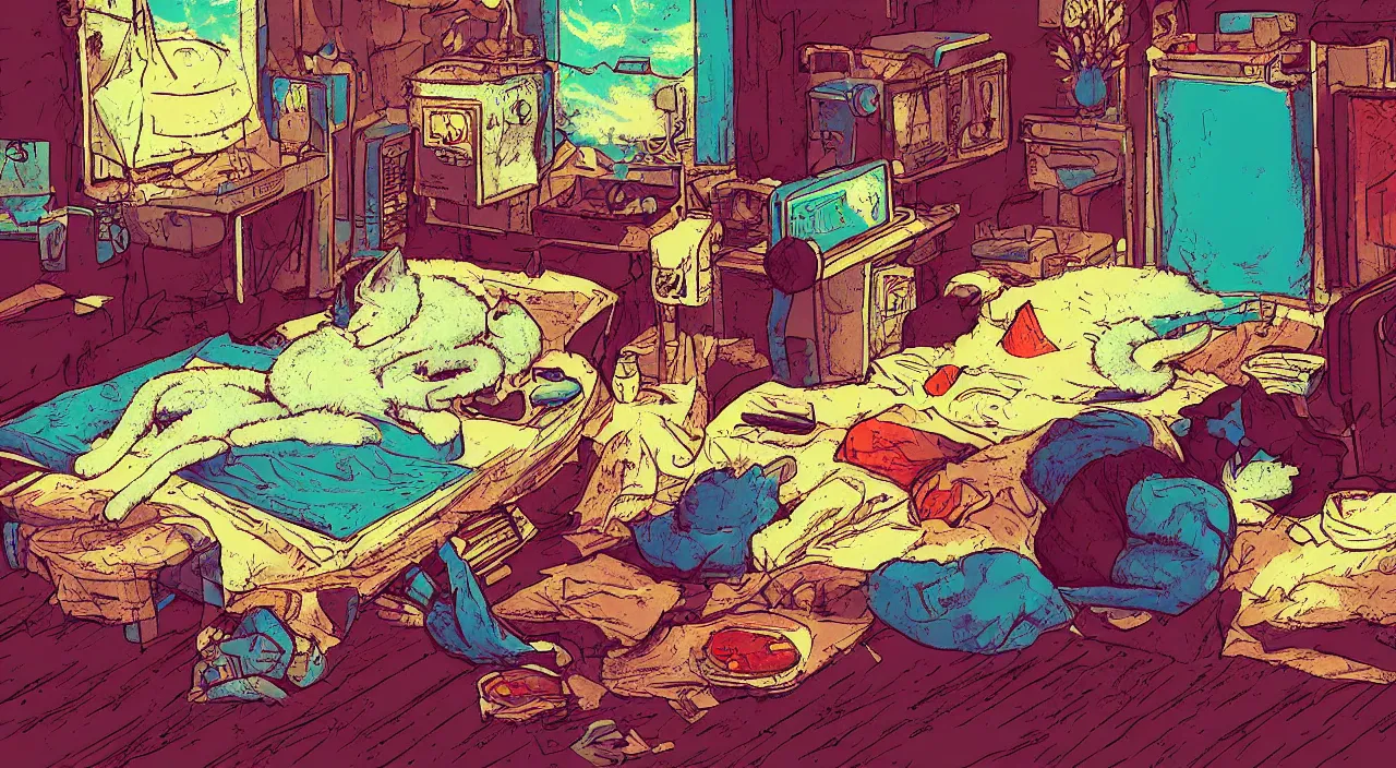 Prompt: A sick cat laying in a bedroom, retro wave, digital art