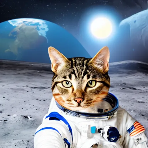 Image similar to cat aas astronaut on the moon sigma 1 4 mm f / 1. 8 the earth is seen in the background surrounded by an asteroid belt made of cat toys