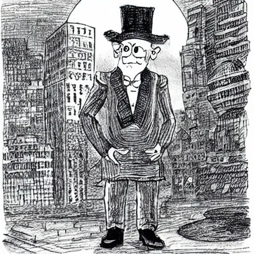 Prompt: An old, wizened man wearing a low top hat with a miniature futuristic city on top by Maurice Sendak