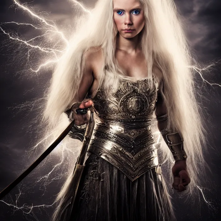 Prompt: photo of a very beautiful!! nordic queen warrior with lightning powers highly detailed 8 k hdr smooth sharp focus high resolution award - winning photo