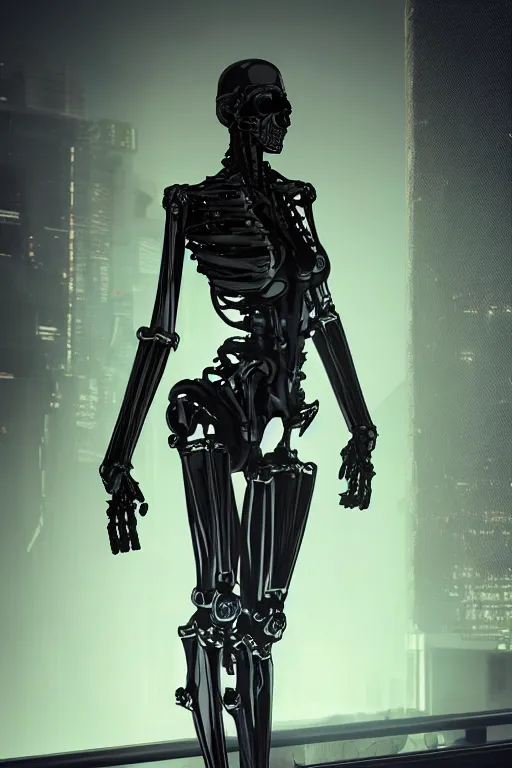 Image similar to skeletal black mecha (carbon fiber) cyberpunk 2077 long limbs black panels reflective. Skeletal face android face one eye ((glowing_red_eye)) exposed wiring cable wire harness RTX On UE5 Artstation Bladerunner 2049 scene