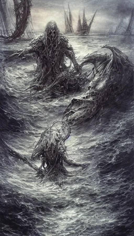 Image similar to man on boat crossing a body of water in hell with creatures in the water, sea of souls, by luis royo,