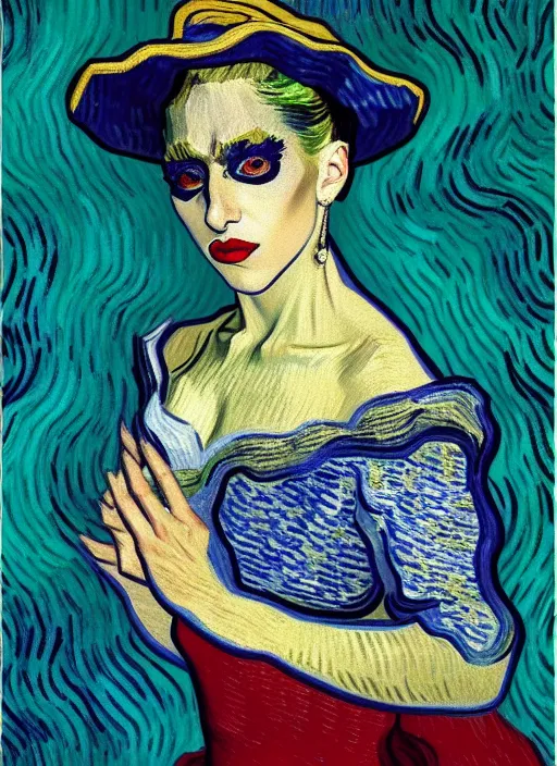 Prompt: lady gaga : : by vincent van gogh : : dynamic, particulate, rich colors, intricate, elegant, highly detailed, vogue, fashion magazine, smooth, sharp focus, 8 k