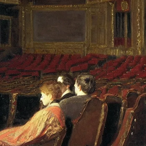 Prompt: a young man watching an actress on stage in an old theater, by alfred stevens