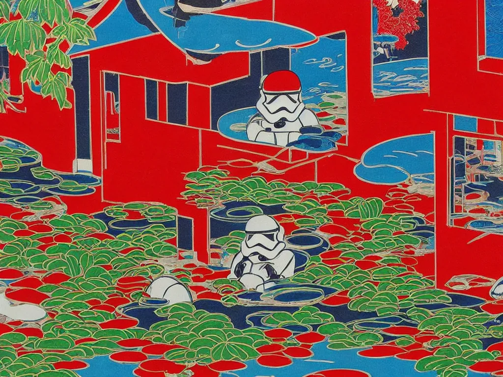 Image similar to close - up image of a japanese red house with a pond, with stormtroopers sitting around it, a combination of pop - art and traditional japanese painting styles, the style of andy warhol, roy lichtenstein and jackie tsai, bright and saturated palette, acrylic on canvas