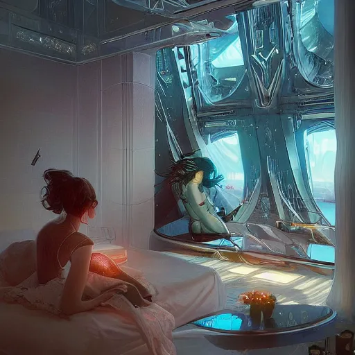 Image similar to image of a futuristic hotel room at future neon light tokyo, sci - fi and fantasy, intricate and very very beautiful and elegant, highly detailed, digital painting, artstation, concept art, smooth and sharp focus, illustration, art by tan zi and ayanamikodon and alphonse mucha and wlop