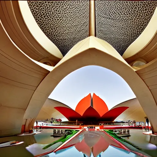 Image similar to futuristic lotus temple space station with gold, red and white marble panels, by buckminster fuller and syd mead, intricate contemporary architecture, photo journalism, photography, cinematic, national geographic photoshoot