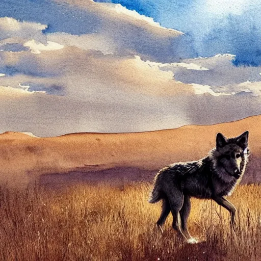 Prompt: wide portrait of a wolf in a beautiful natural scene. heath, sand dune, dry grass and trees. beautiful light, dramatic clouds. soft colour scheme. beautiful artistic detailed watercolor illustration by lurid ( 2 0 2 2 ).