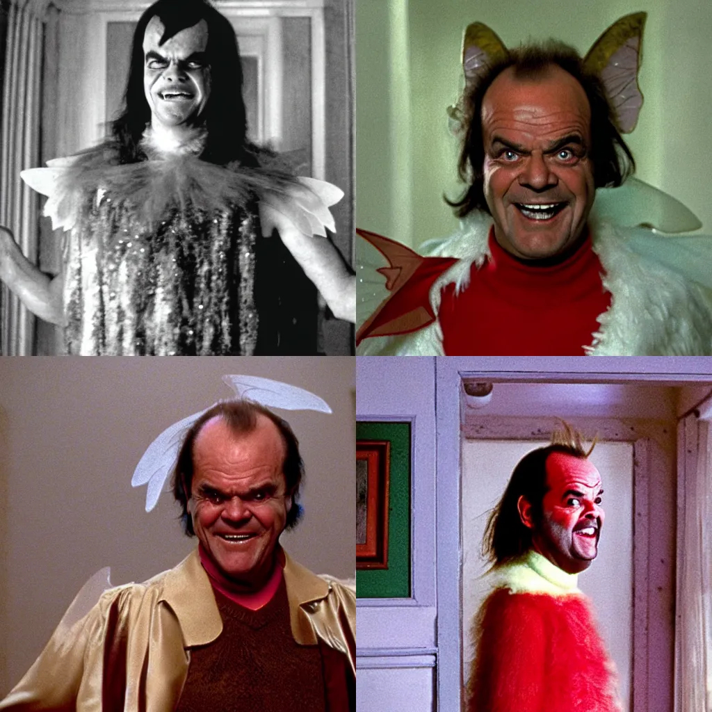 Prompt: Jack Nicholson dressed as a fairy in The Shining, movie shot