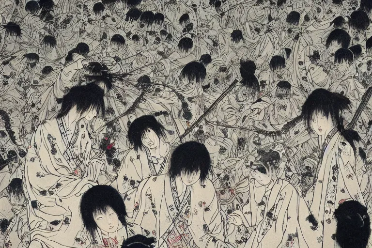 Prompt: zhongyuan festival, chinese ghost festival, the war of the dead, the evil spirits struggling in the tumbling oil pot by takato yamamoto,