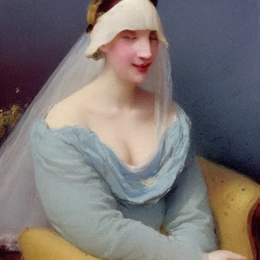 Prompt: a young woman’s face, she is gently smiling, her hair is white, she wears a long flowing blue satin veil, by ivan aivazovsky and and pieter claesz and paul delaroche and alma tadema and august malmstrom and and willen claesz heda and aelbert cuyp and gerard ter borch and isaac levitan, hyperrealistic, rendered in octane