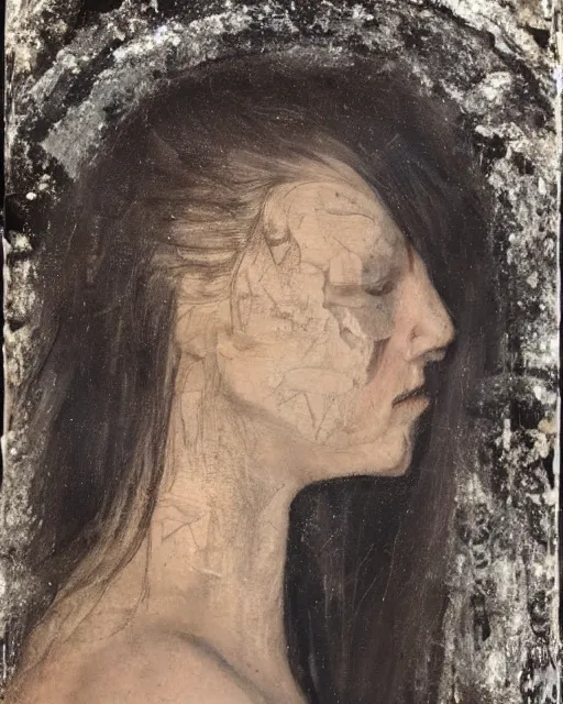 Image similar to a woman's face in profile, long hair made of obsidian shards, in the style of the Dutch masters and Gregory Crewdson, dark and moody