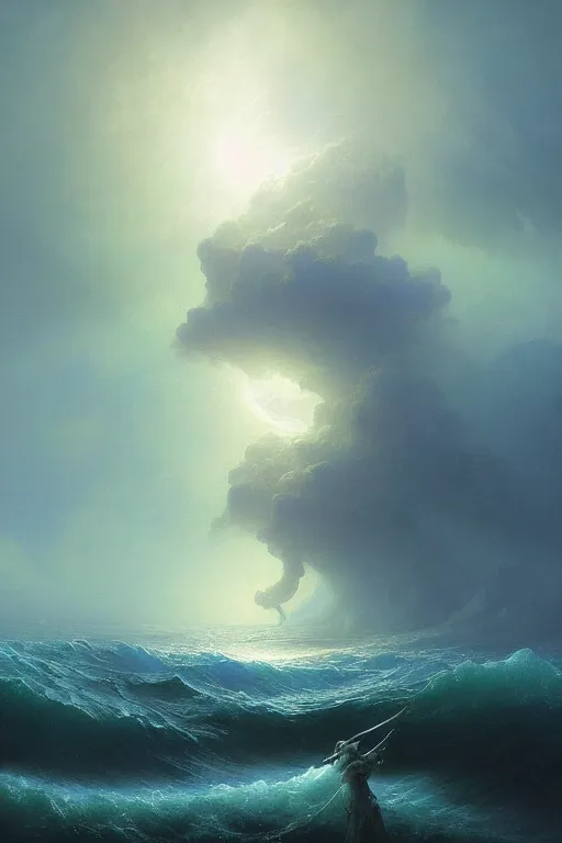 Image similar to A stunning detailed water deity by Ivan Aivazovsky, Peter Mohrbacher , Greg Rutkowski, stormy ocean, beautiful lighting, full moon, detailed swirling water tornado, artstation