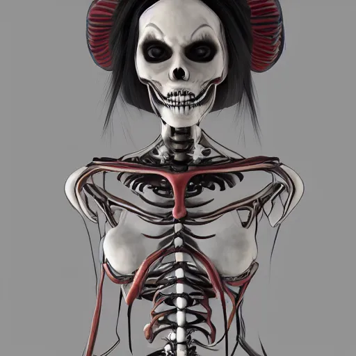 Prompt: skeleton geisha, Tending on artstation, scary, concept art, dark colors, 8k